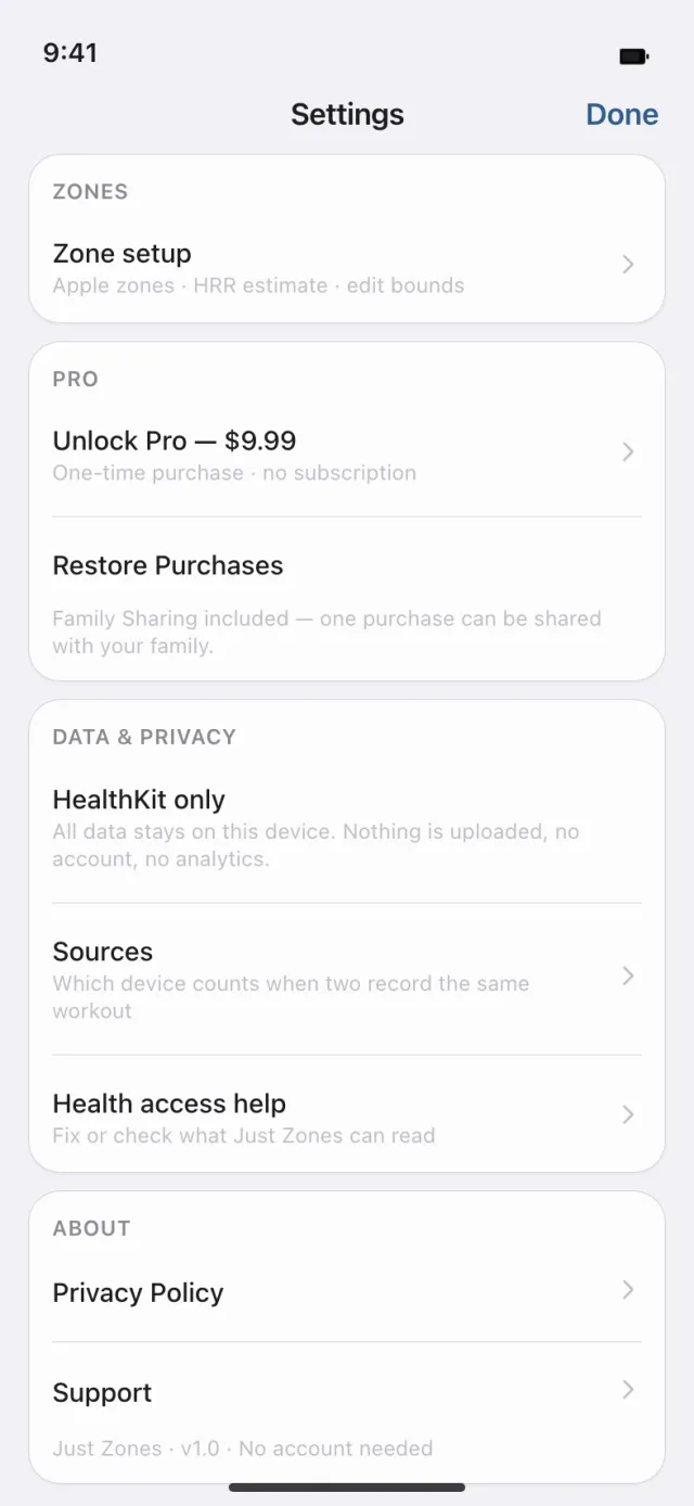 Settings screen: HealthKit only, all data stays on this device